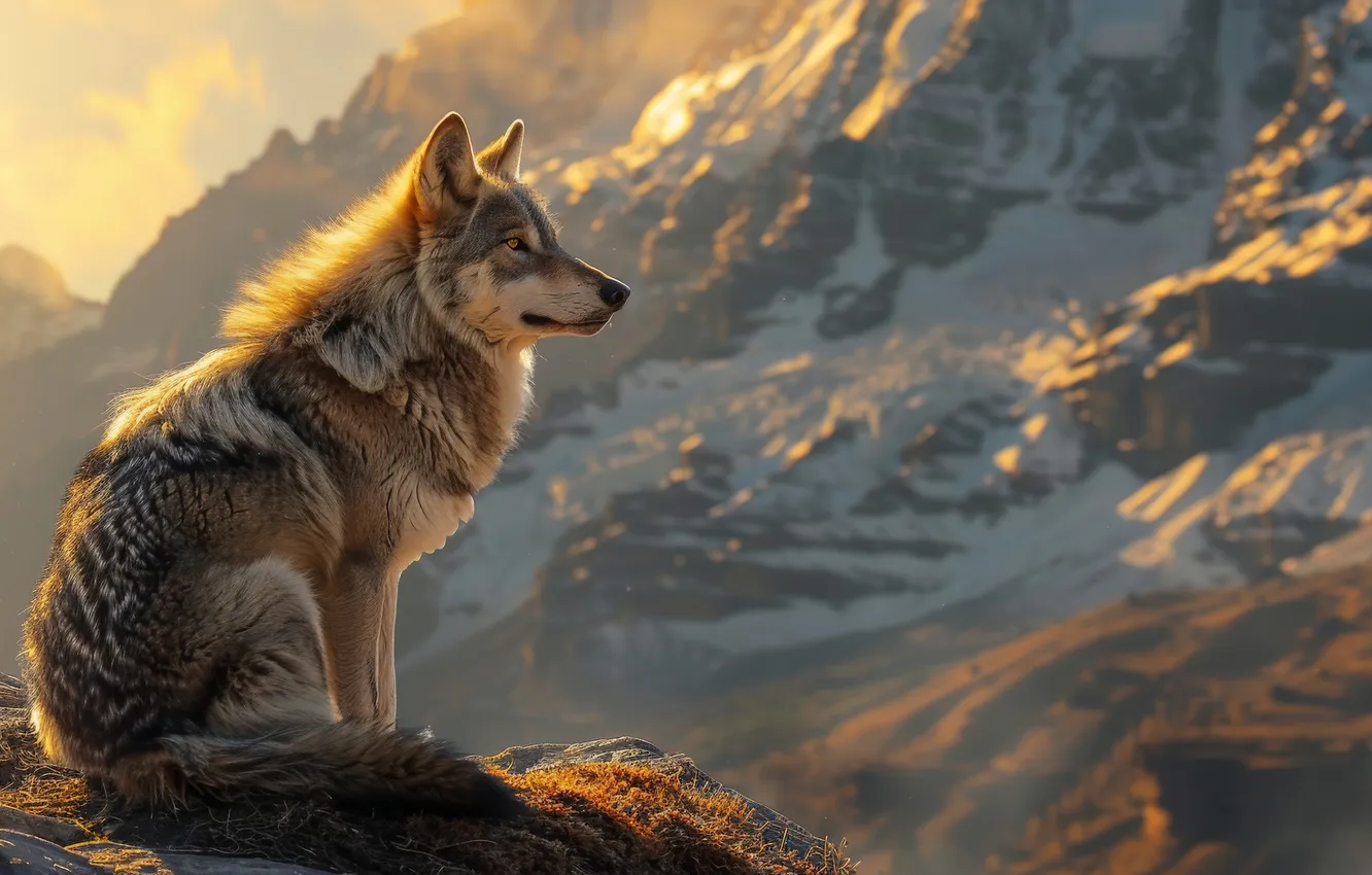 Photo wallpaper mountains, wolf, predator, digital art, AI art, The Art of Artificial Intelligence, neural network