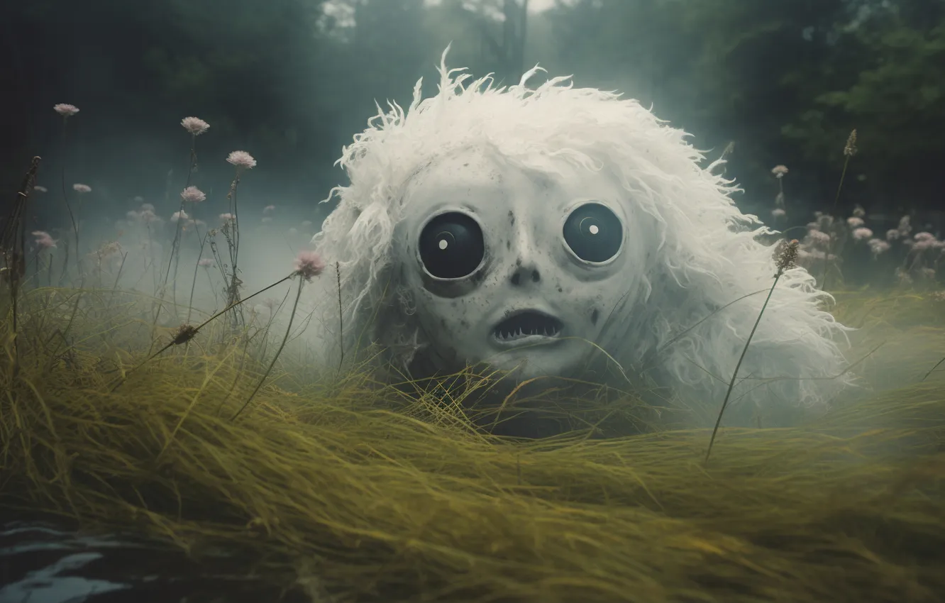 Photo wallpaper Grass, Look, Hair, Eyes, Head, Digital art, Supernatural beings, AI art