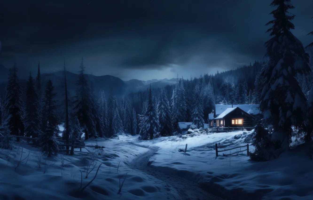 Photo wallpaper winter, forest, snow, mountains, night, nature, house, house