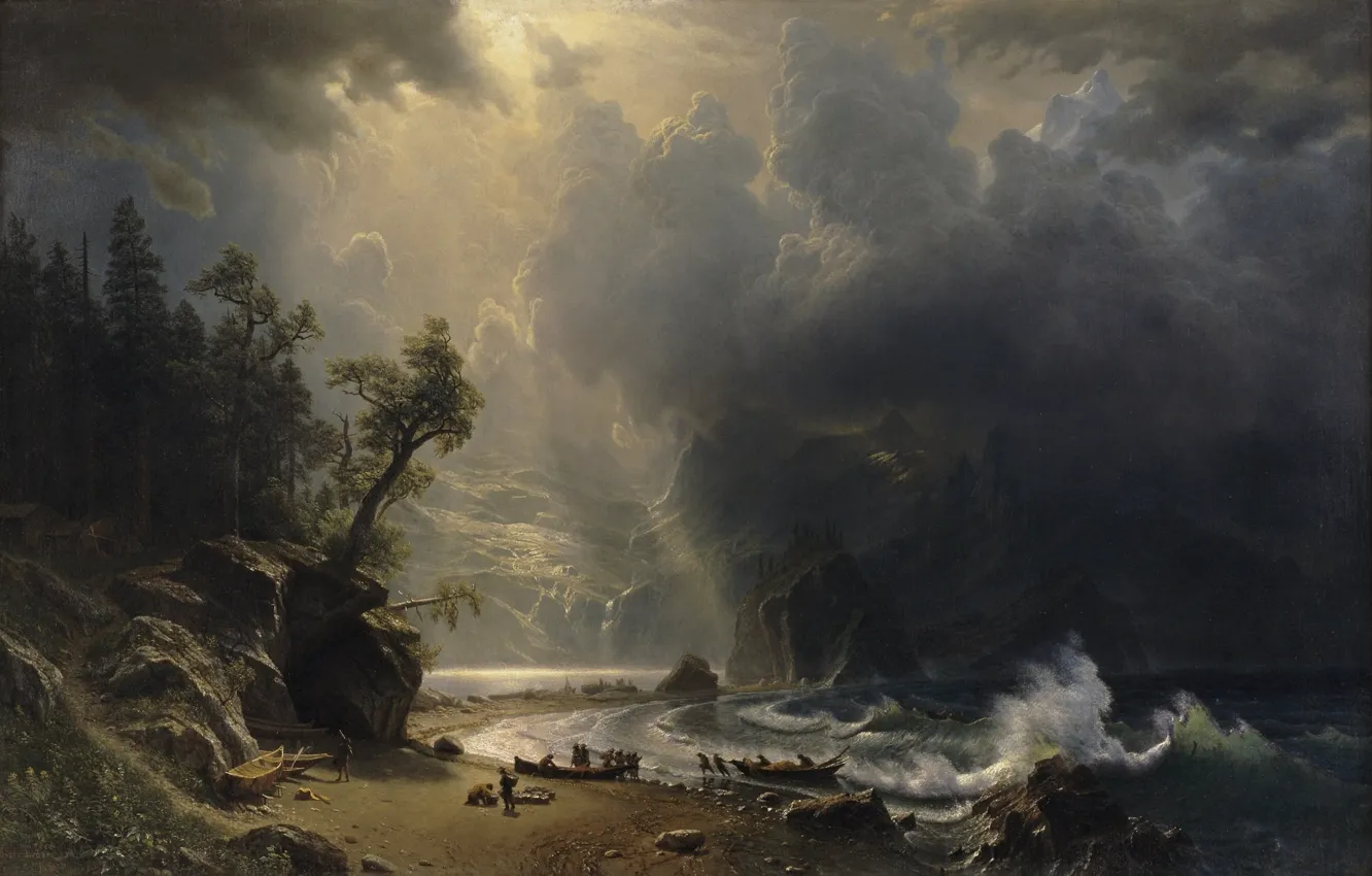 Photo wallpaper clouds, light, mountains, rocks, shore, wave, boats, albert bierstadt