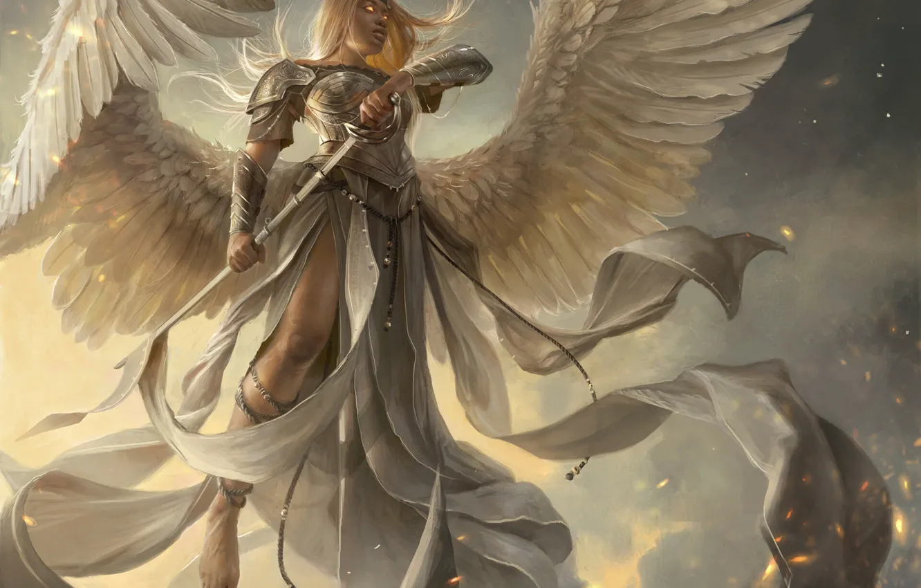 Photo wallpaper girl, sword, fantasy, armor, wings, Angel, blonde, artwork
