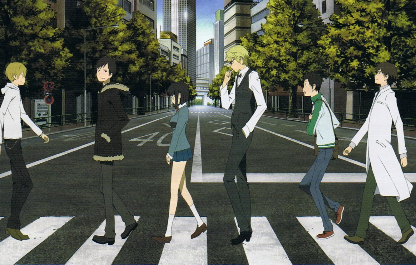Photo wallpaper trees, markup, home, guy, crosswalk, white coat, Izaya Orihara, Shizuo Heiwajima
