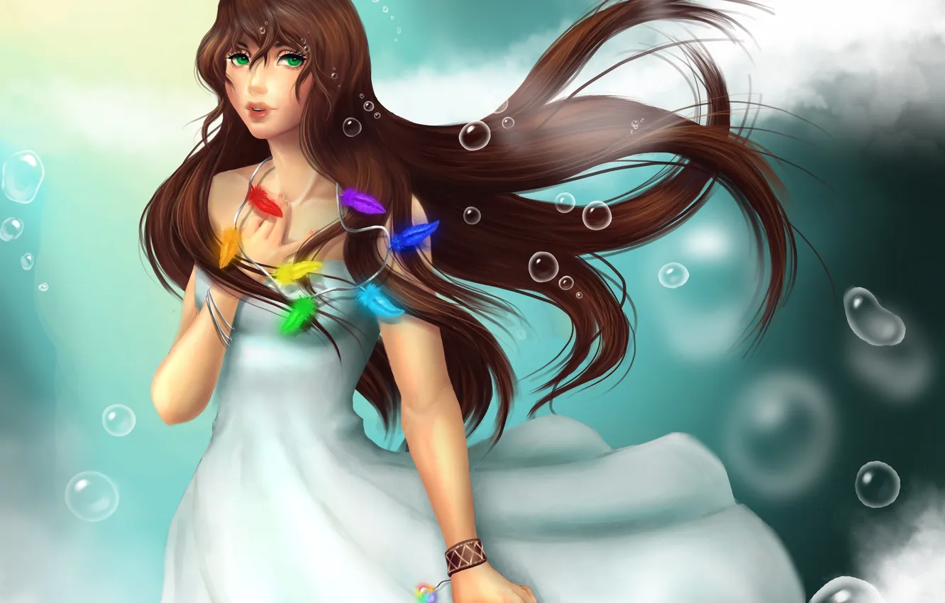 Photo wallpaper look, girl, hair, feathers, dress, art, green eyes