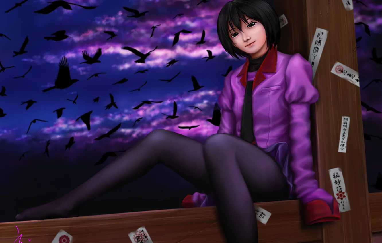 Photo wallpaper look, girl, night, pose, smile, bird, schoolgirl, art