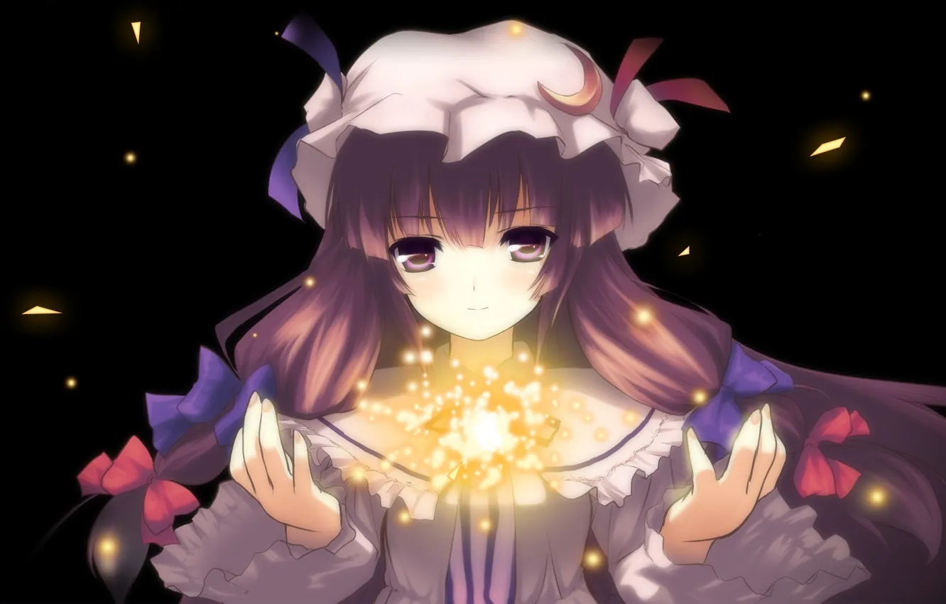Photo wallpaper girl, magic, a month, art, bow, cap, touhou, patchouli knowledge