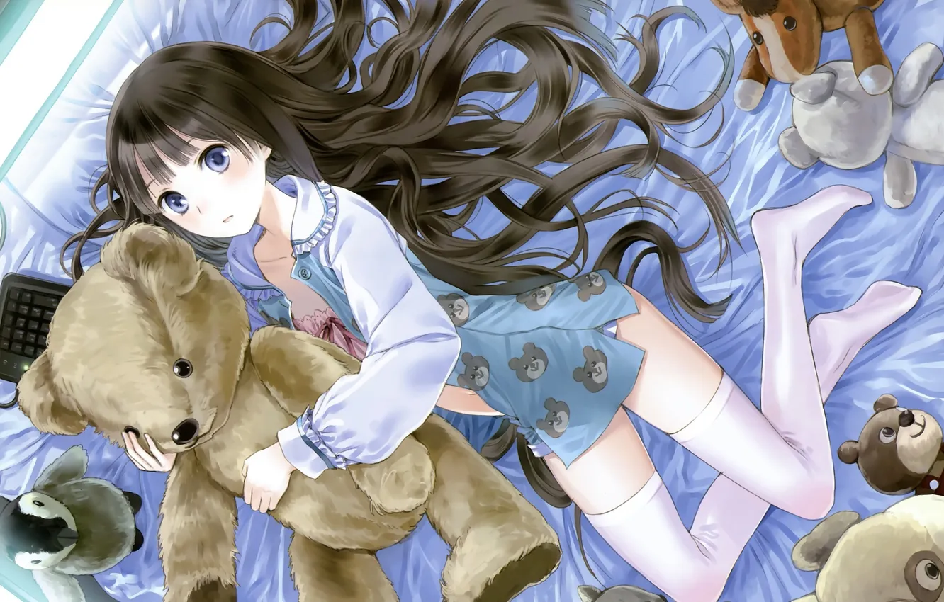 Photo wallpaper toy, bear, girl, bed, kamisama no memo chou, kishida mel