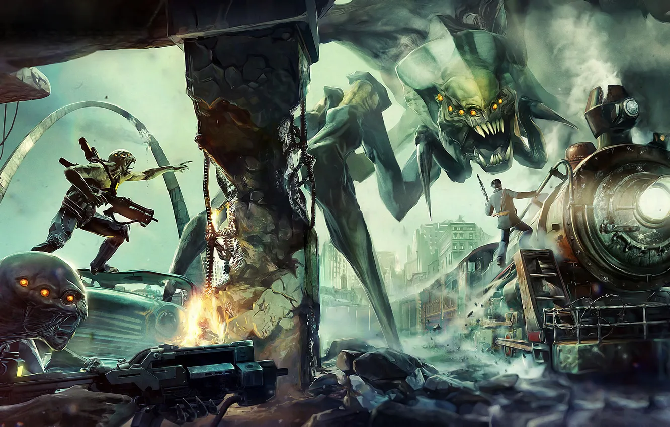 Photo wallpaper the city, weapons, people, the engine, monsters, locomotive, ruins, creature