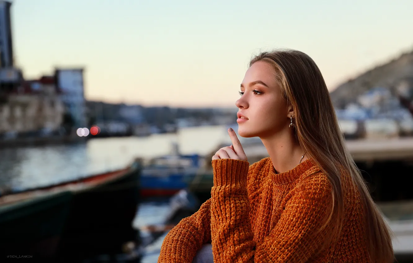 Photo wallpaper girl, face, hands, profile, long hair, sweater, finger, Denis Lankin