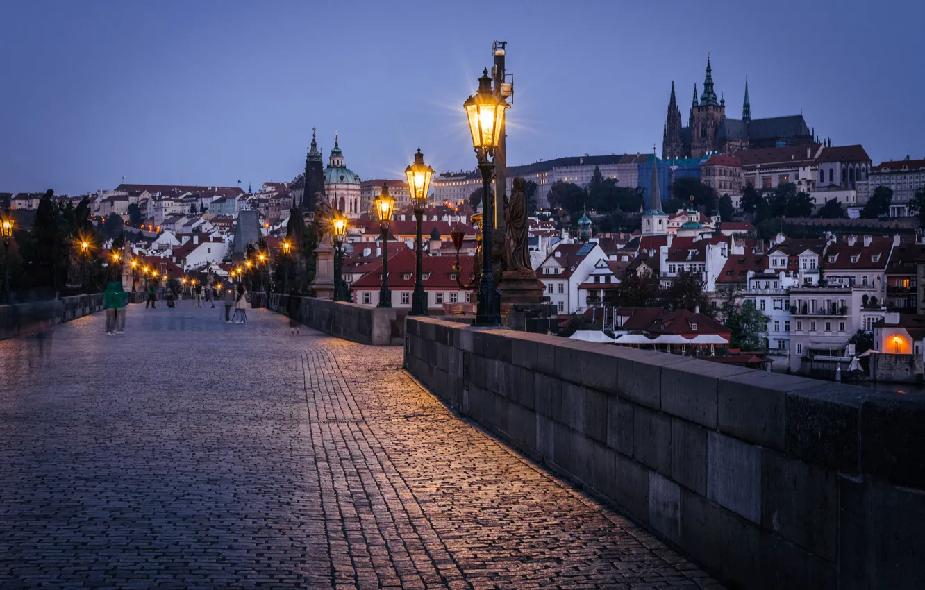 Photo wallpaper bridge, building, home, the evening, Prague, Czech Republic, lights, Prague