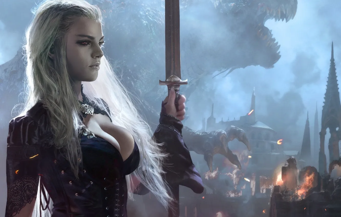 Photo wallpaper girl, fantasy, monster, sword, warrior, art