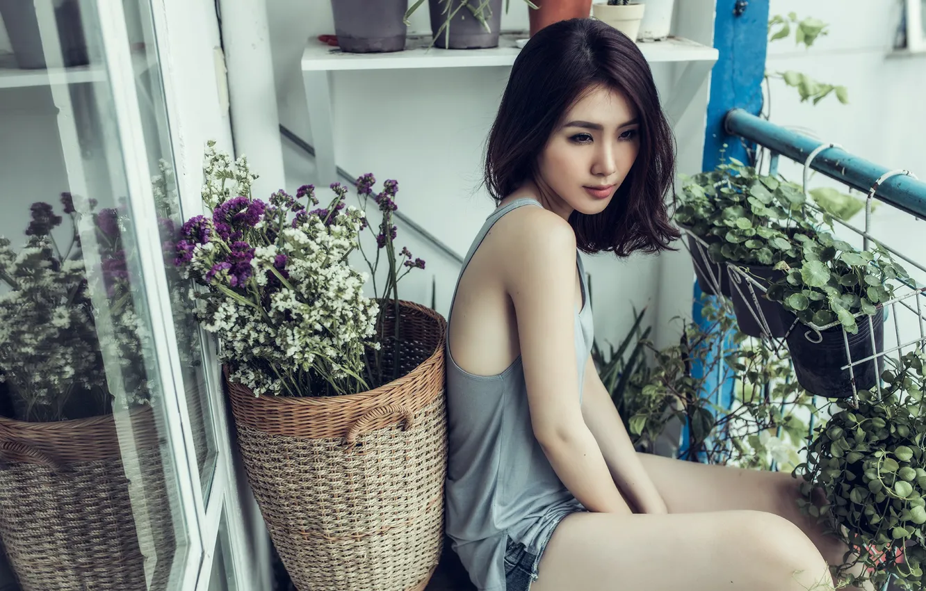 Photo wallpaper girl, flowers, balcony, Asian