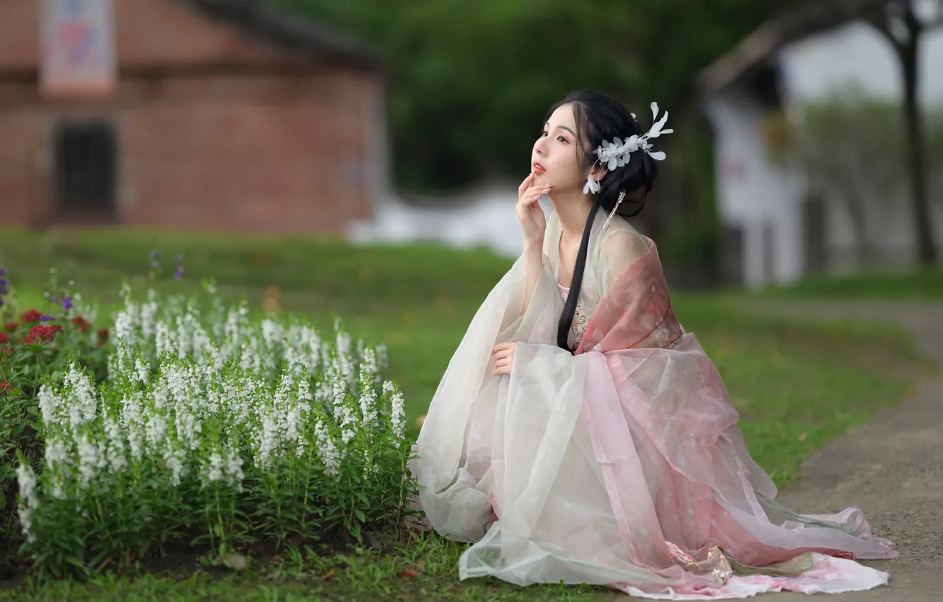 Photo wallpaper girl, pose, dress, Asian, bokeh