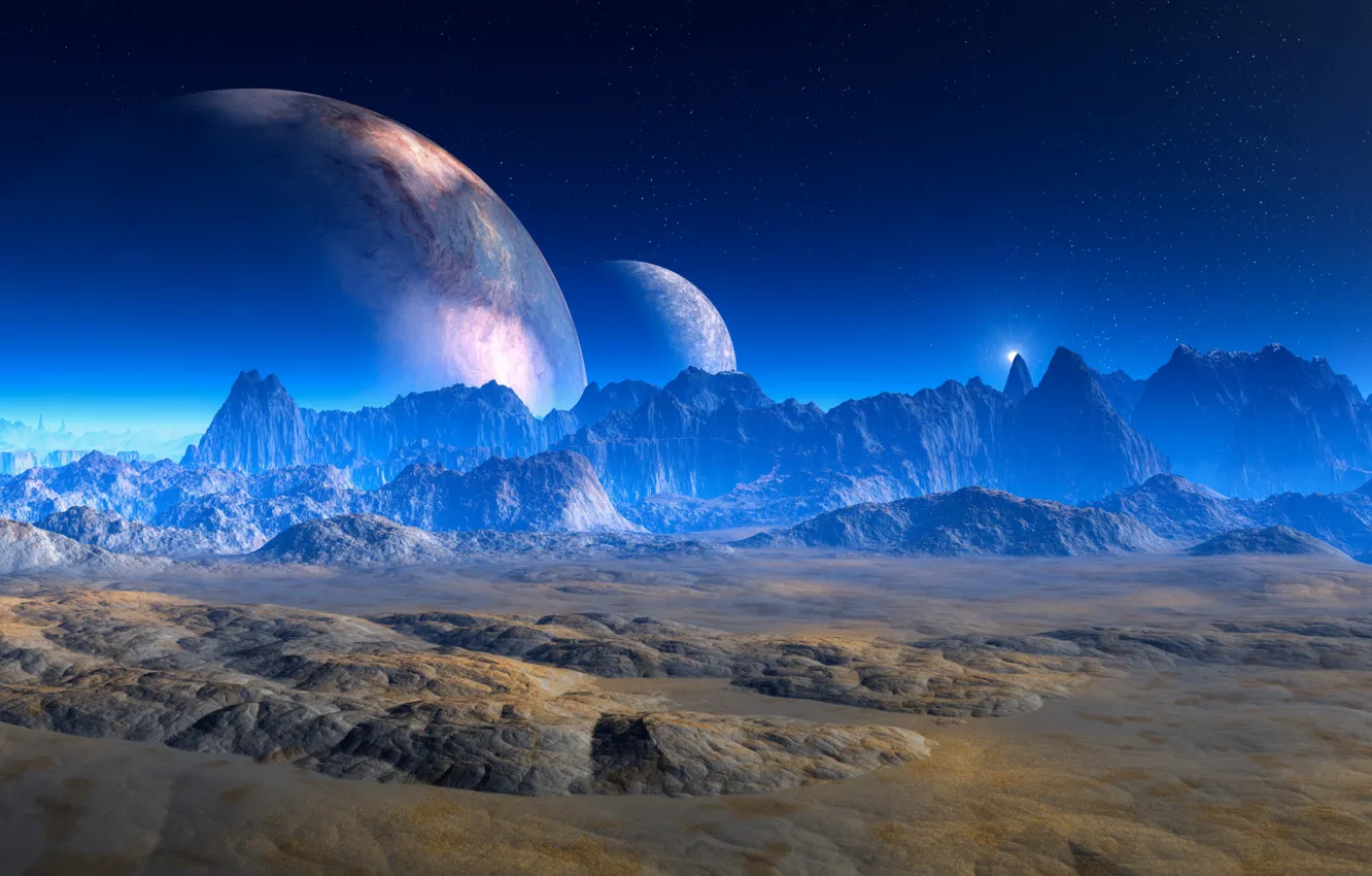 Photo wallpaper the sky, space, stars, surface, light, mountains, night, nature