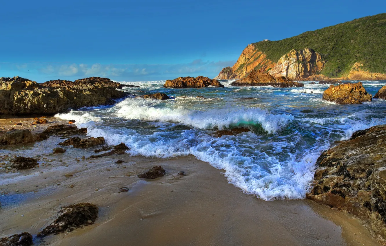 Photo wallpaper sand, sea, wave, the sky, foam, the ocean, rocks, shore