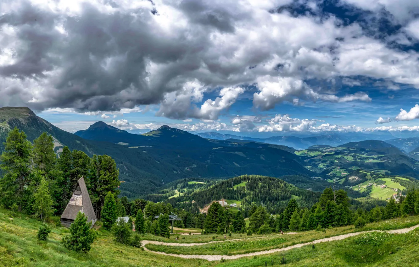 Photo wallpaper the sky, clouds, trees, mountains, field, valley, slope, Italy