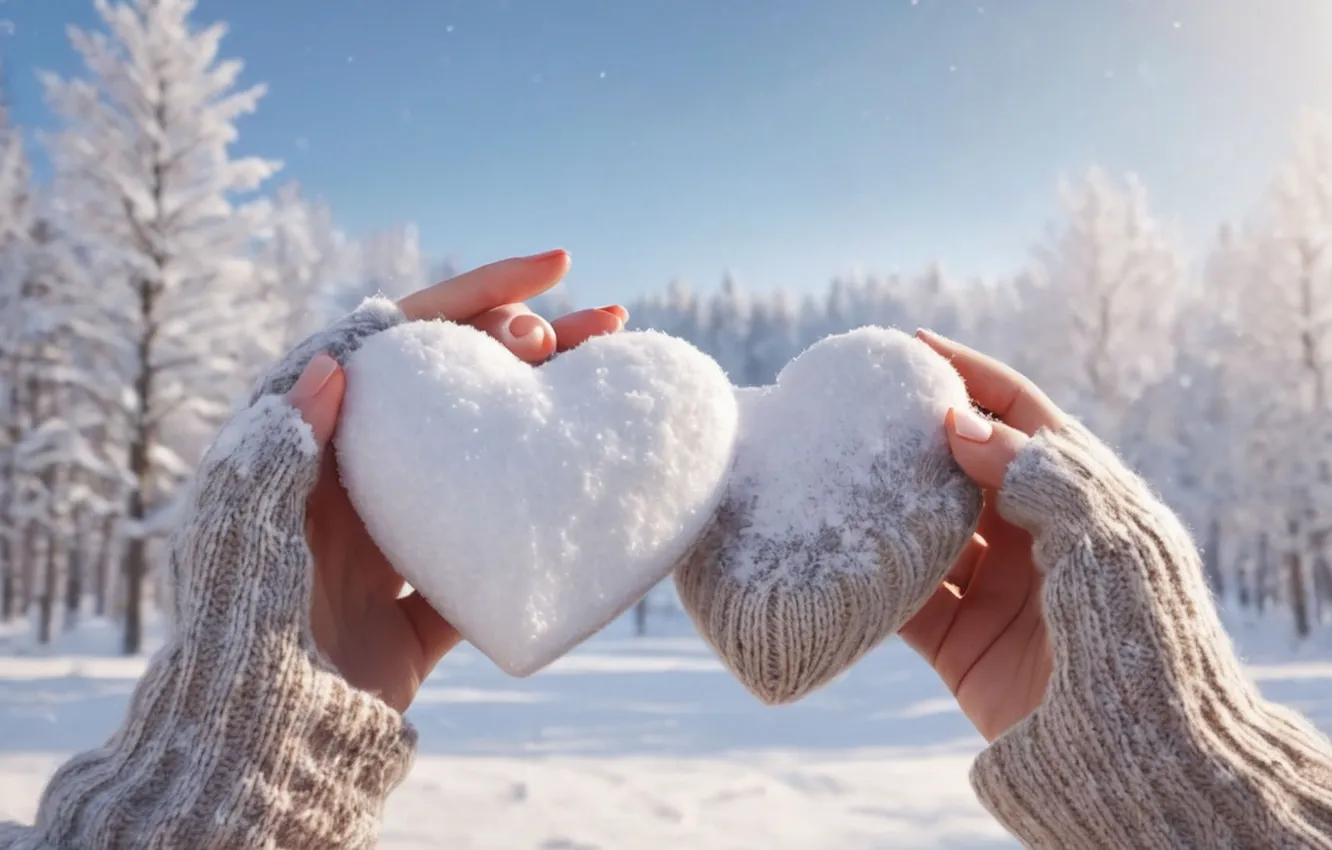 Photo wallpaper winter, snow, love, romance, heart, hands, love, happy