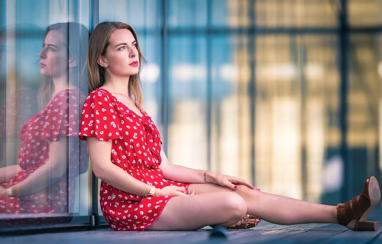 Photo wallpaper girl, sitting, bokeh, beautiful legs, Ludivine