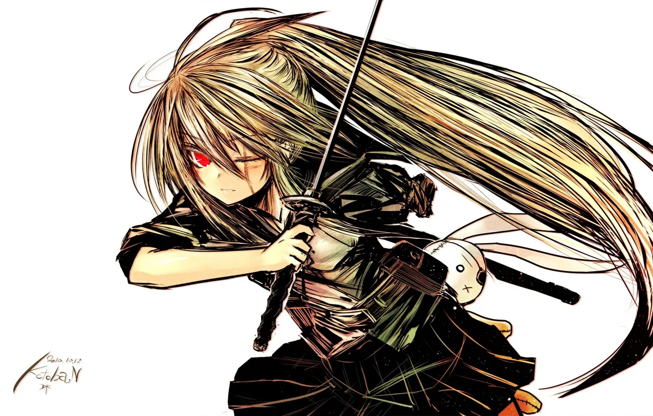 Photo wallpaper attack, katana, rabbit, scar, baby, art, eye patch, Kotoban