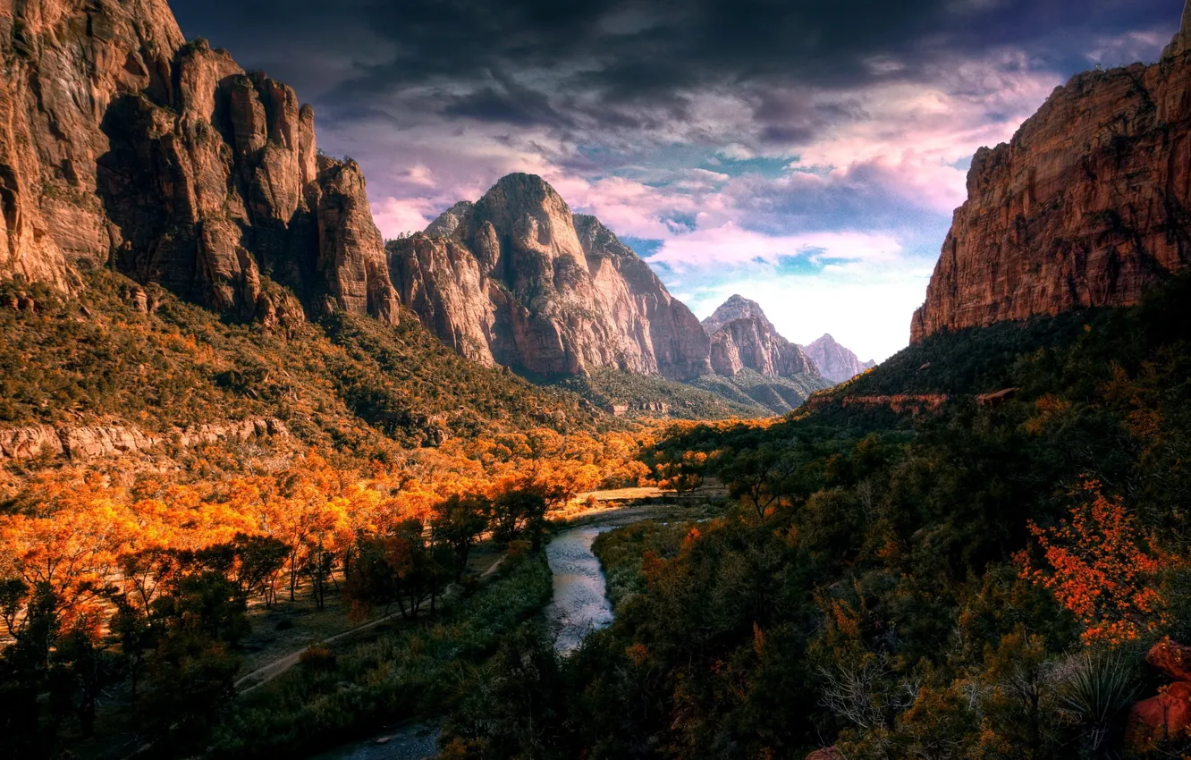 Photo wallpaper autumn, forest, mountains, nature, river