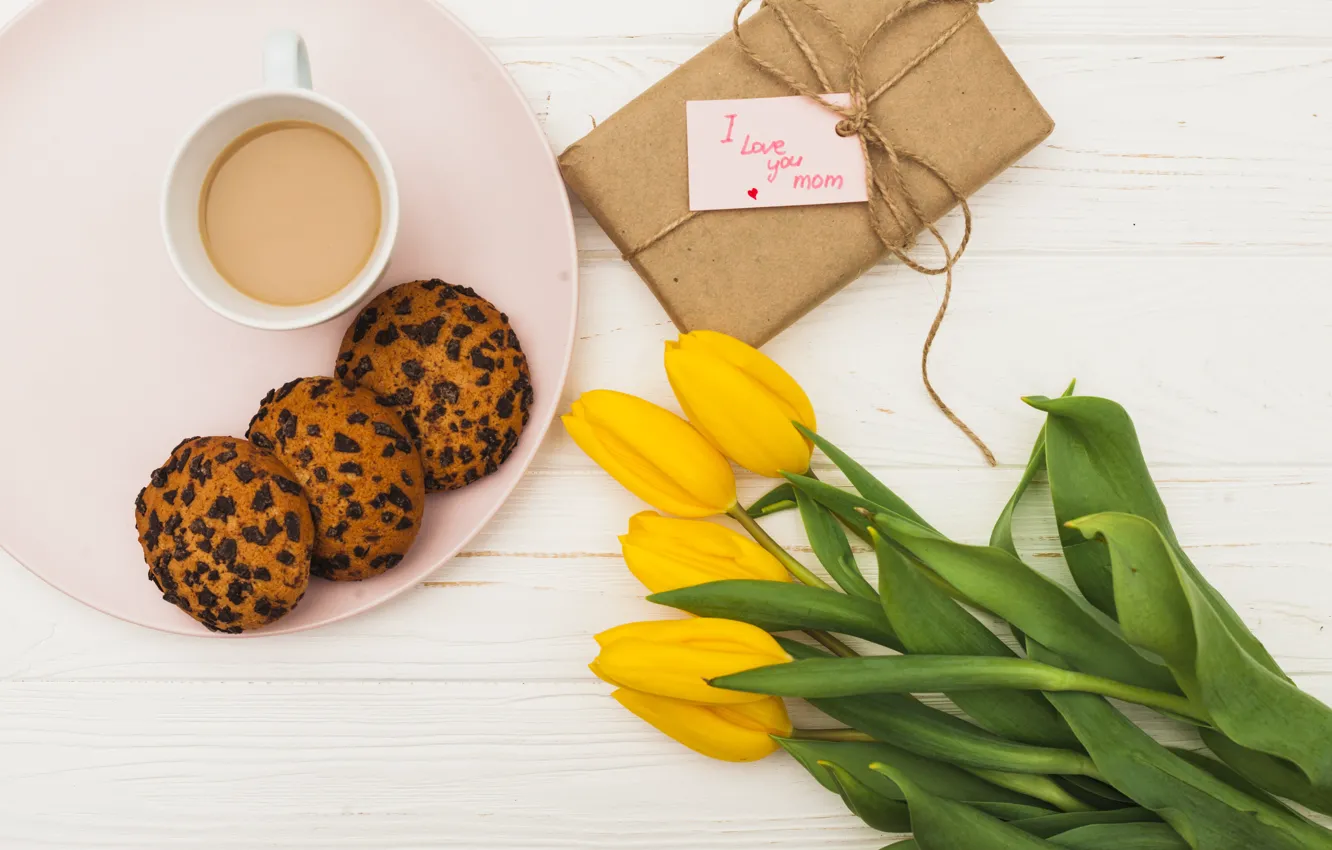 Photo wallpaper coffee, bouquet, spring, tulips, The celebration, Mother's day