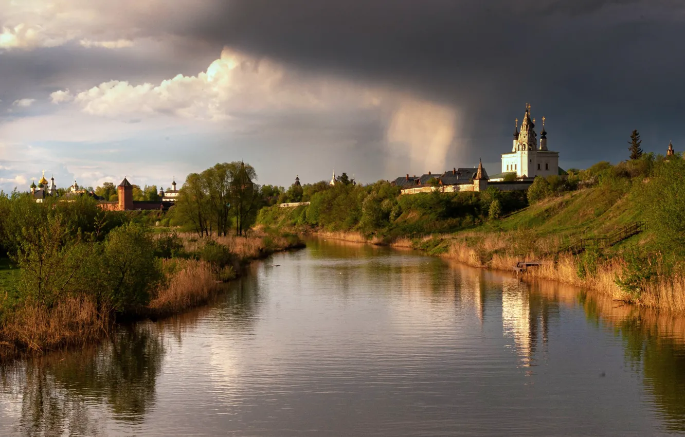 Photo wallpaper landscape, clouds, nature, river, Church, Andrey Malygin