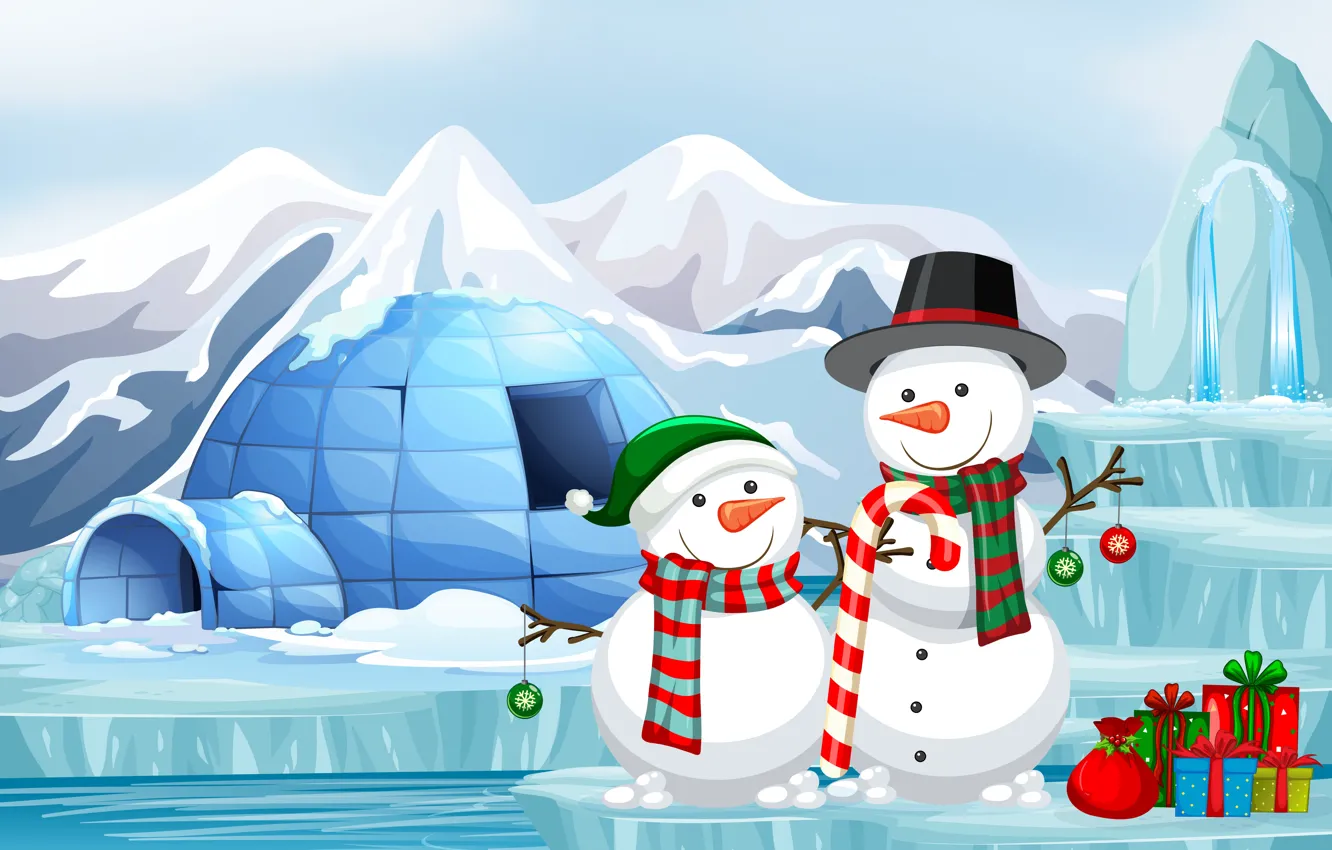 Photo wallpaper Winter, Snow, Smile, Christmas, New year, Two, Gifts, Snowmen