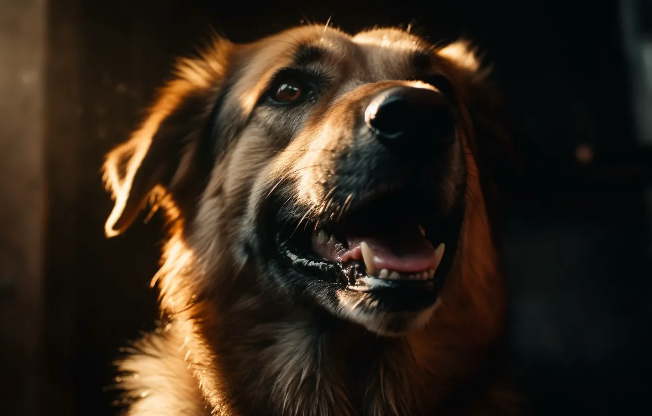 Photo wallpaper look, face, dog, fangs, digital art, AI art, The Art of Artificial Intelligence, neural network