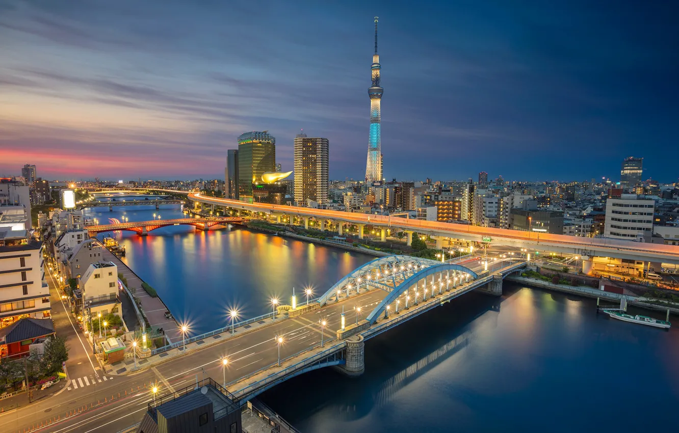 Photo wallpaper night, bridge, lights, river, tower, home, Japan, Tokyo