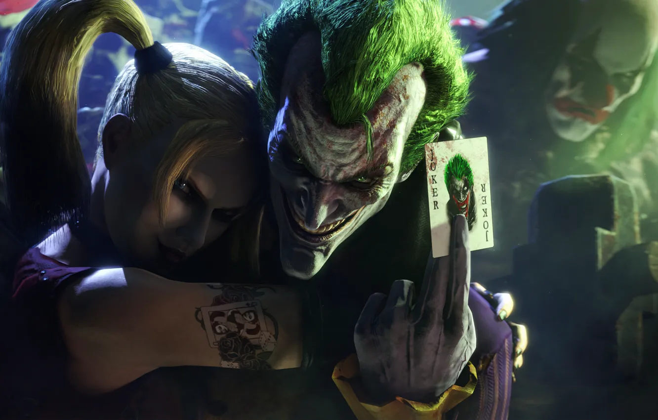 Photo wallpaper face, smile, map, Joker, Batman: Arkham City, Harley Quinn, Harleen Frances Quinzel