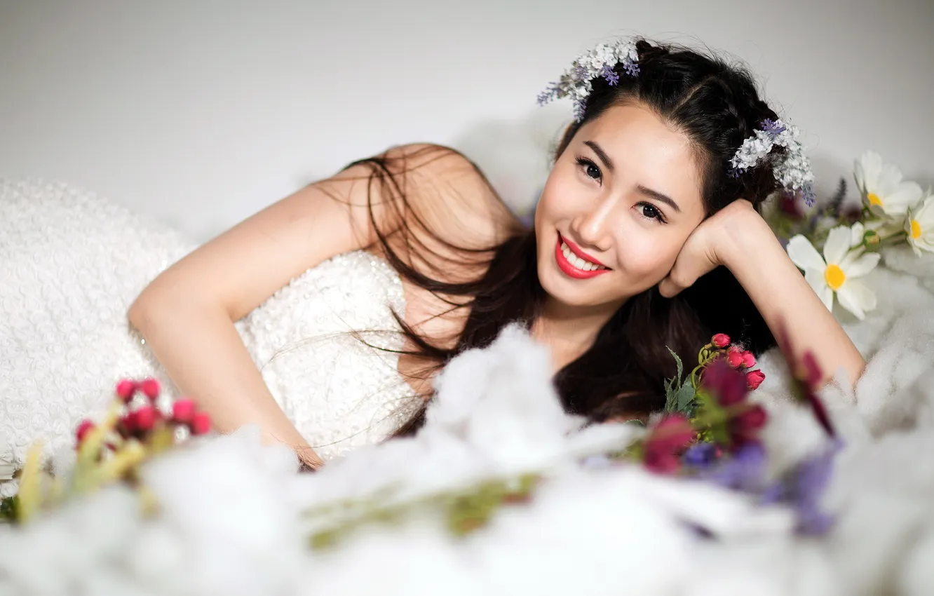 Photo wallpaper girl, flowers, mood, Asian