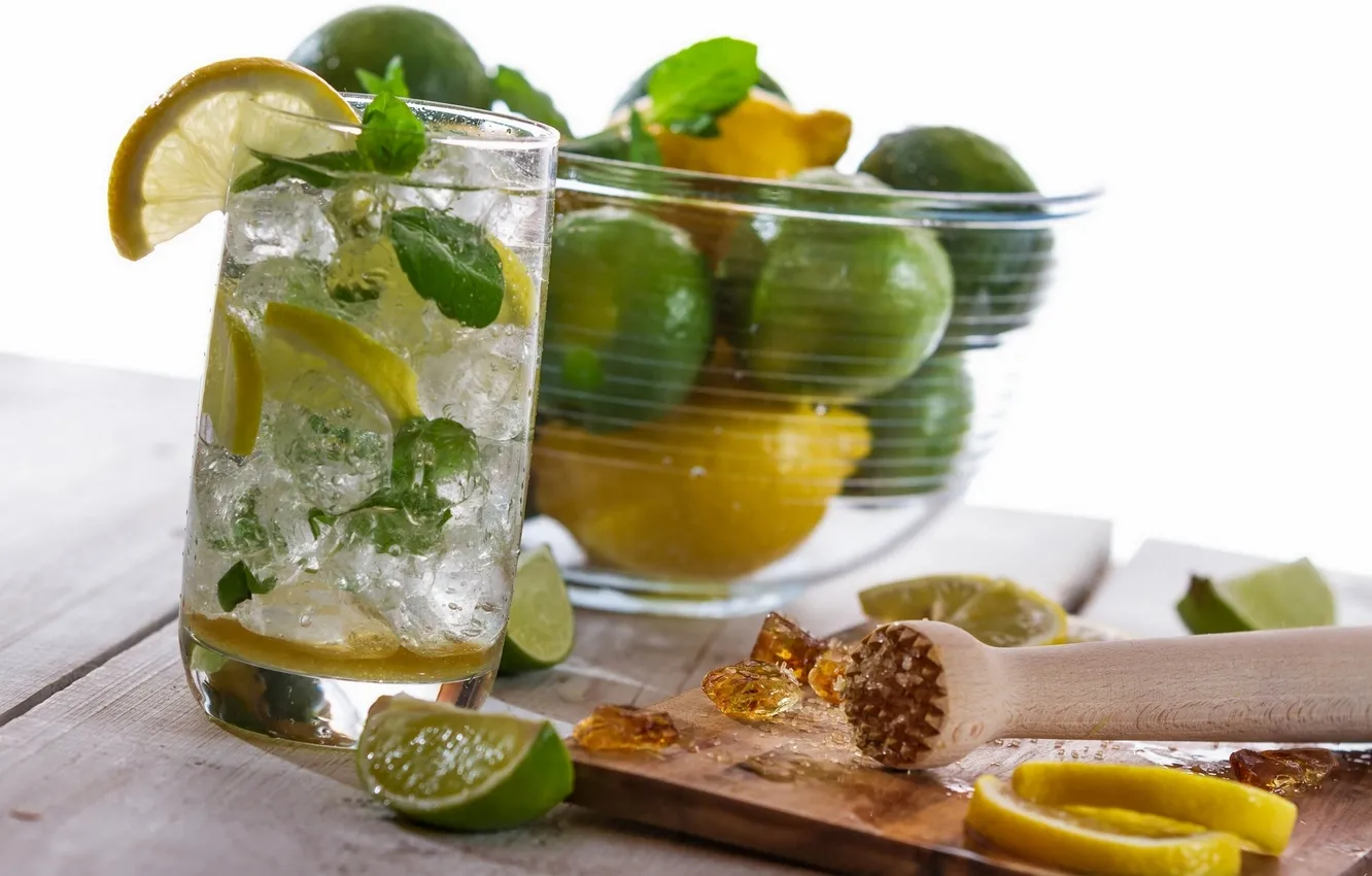 Photo wallpaper lemon, cocktail, sugar, lime, drink, Mojito