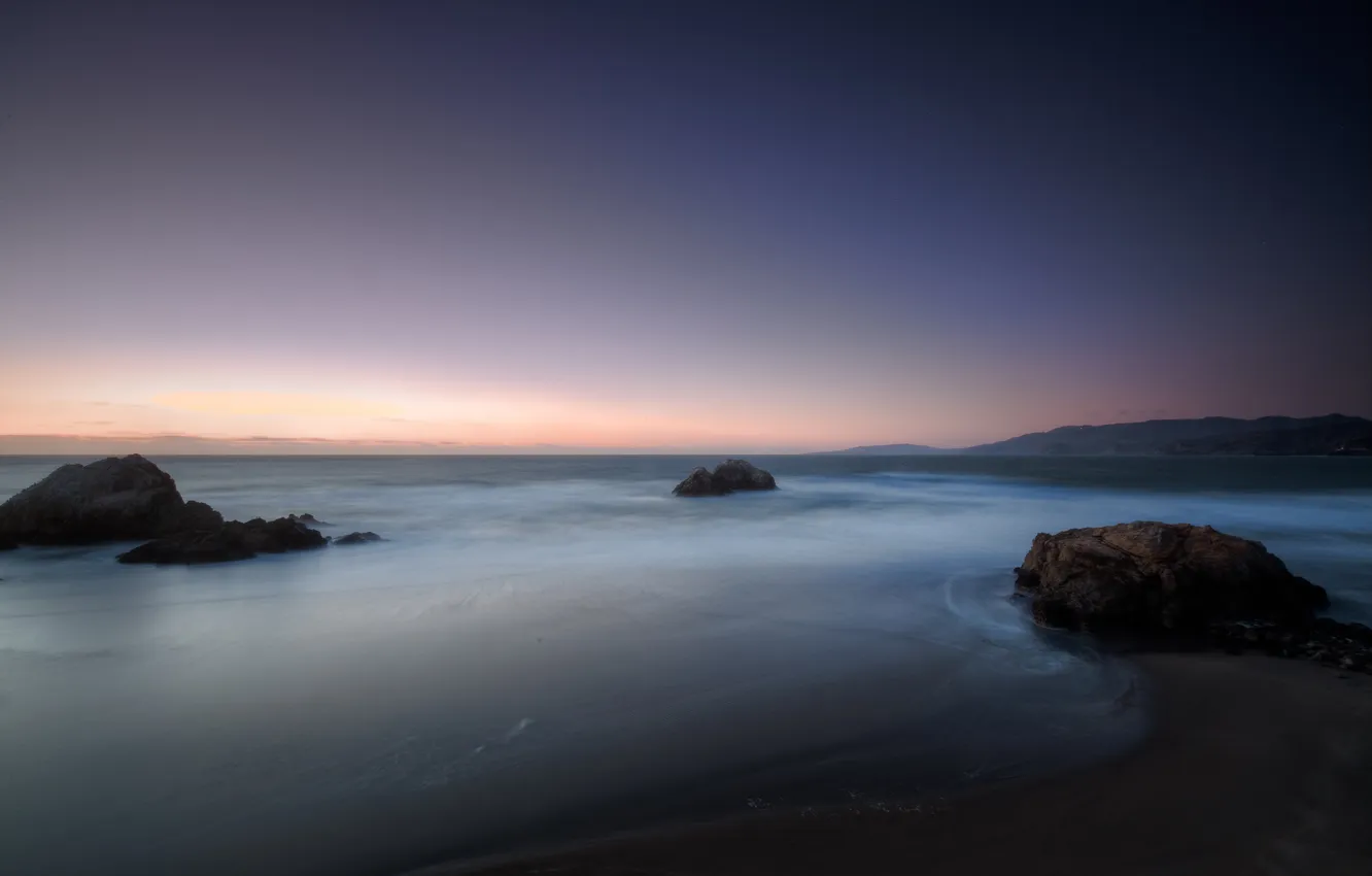 Photo wallpaper beach, the sky, clouds, stones, the ocean, dawn
