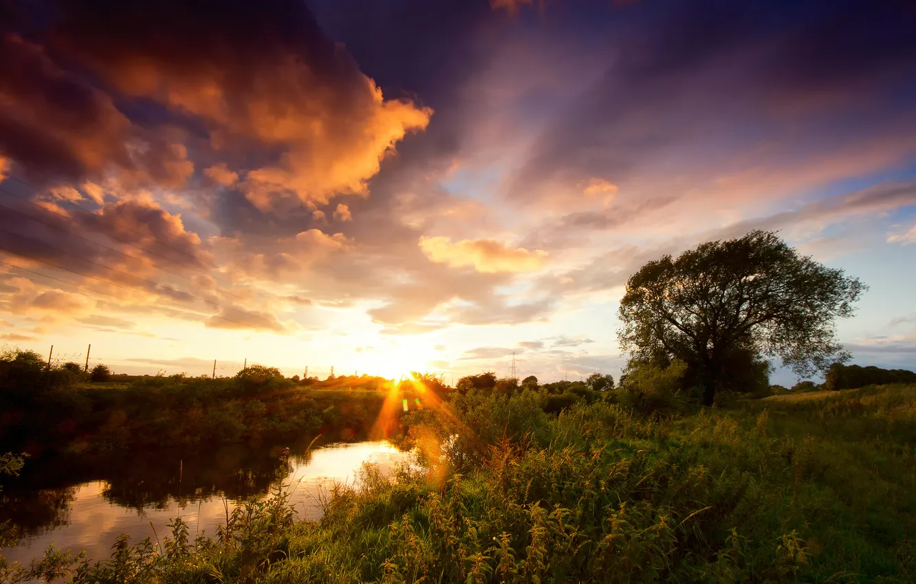 Photo wallpaper the sky, grass, clouds, light, clouds, nature, river, tree