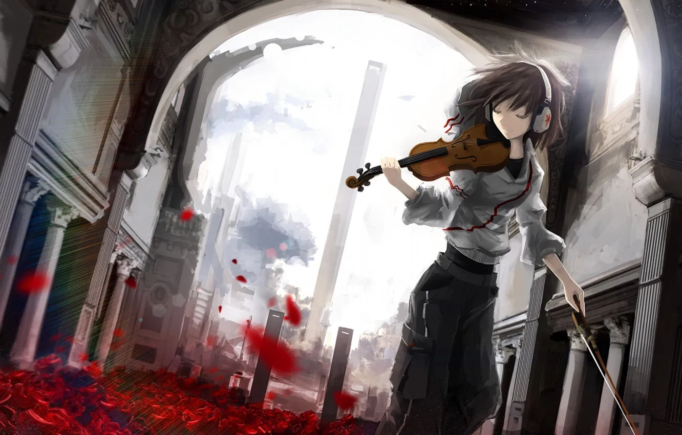 Photo wallpaper violin, roses, skyscrapers, petals