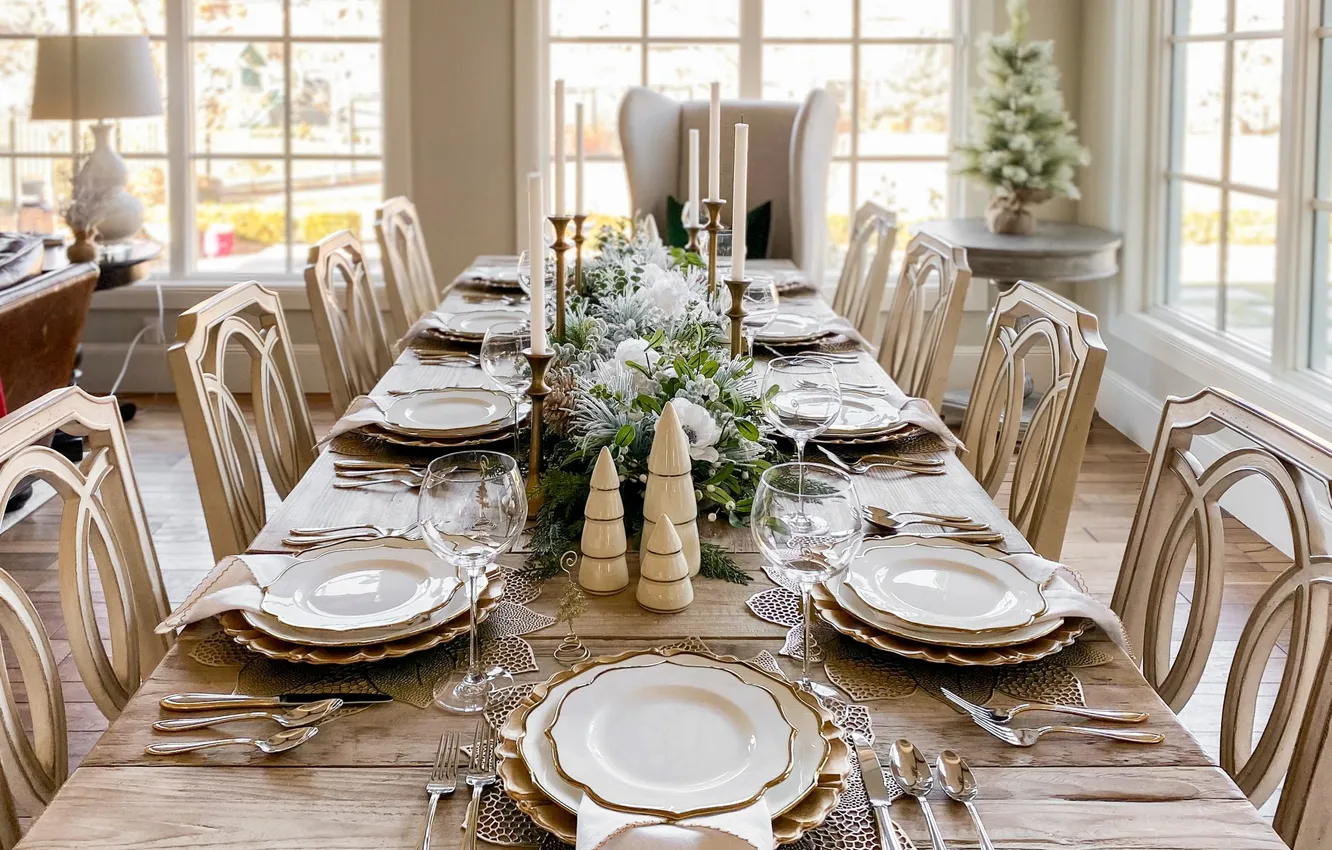 Photo wallpaper decoration, room, glass, new year, candles, Christmas, garland, herringbone