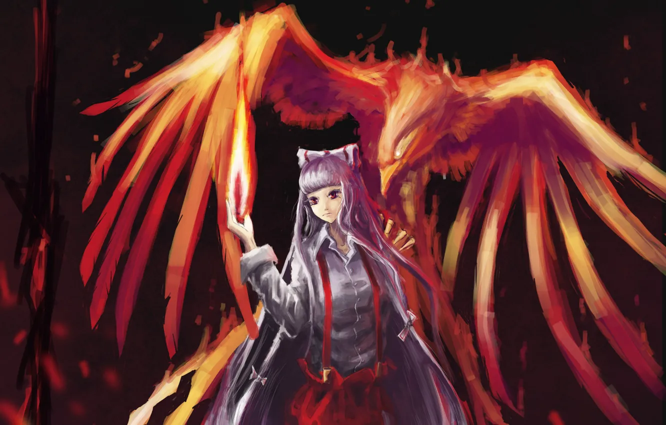 Photo wallpaper lights, flame, Phoenix, in the dark, Touhou Project, black magic, Fujiwara no Mokou