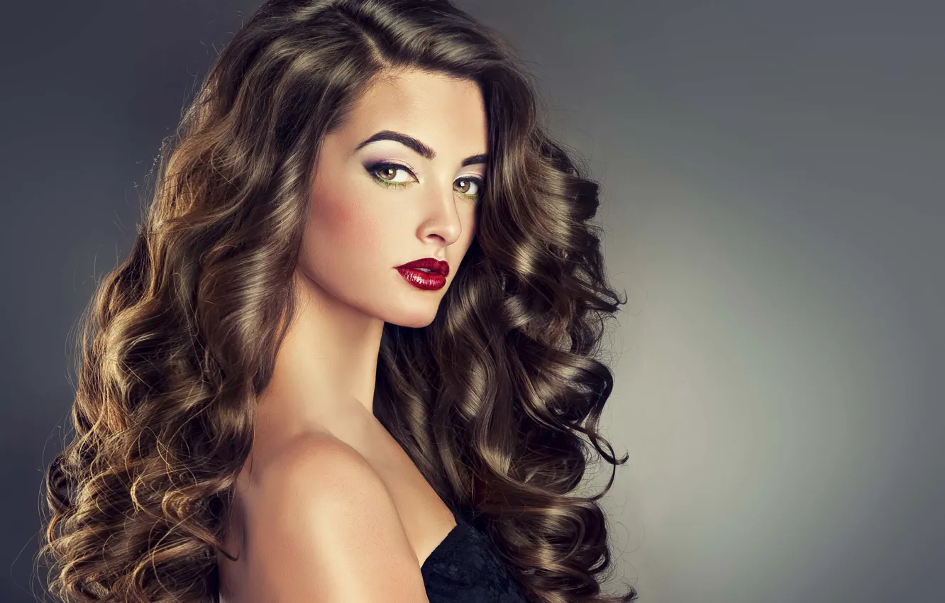 Photo wallpaper look, sweetheart, grey background, long hair, long hair, sexy girl, green eyes, charm