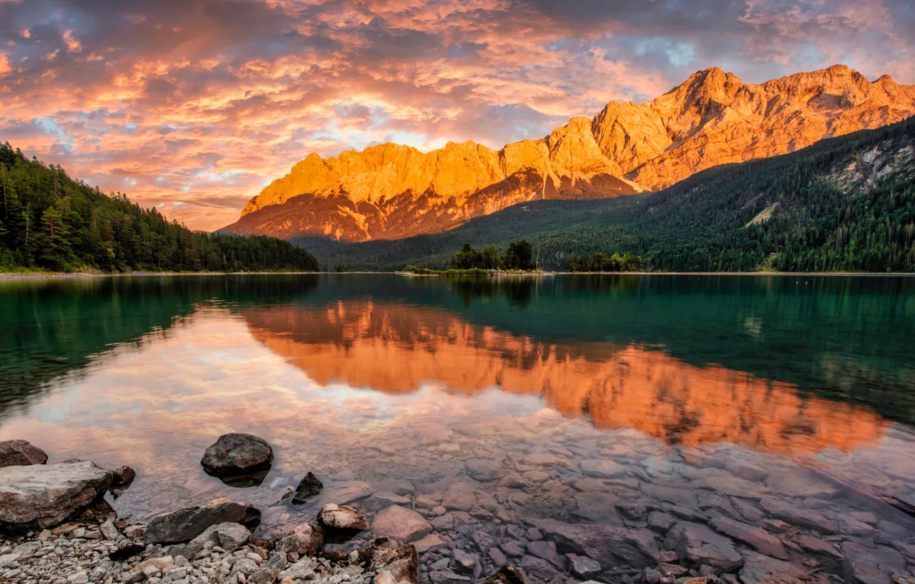 Photo wallpaper forest, light, mountains, reflection, stones, pond