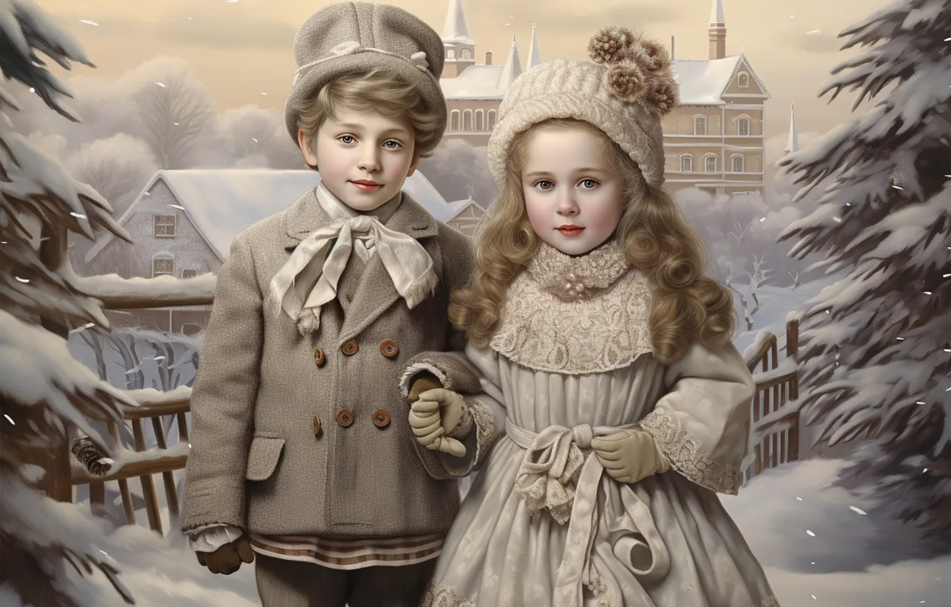 Photo wallpaper winter, frost, look, snow, children, style, retro, past