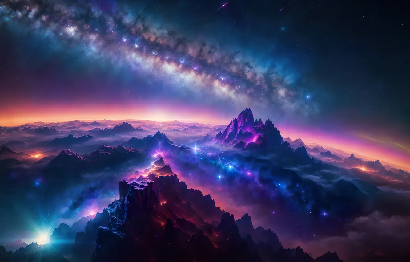Photo wallpaper space, mountains, night, the universe, planet, galaxy, the milky way, starry sky