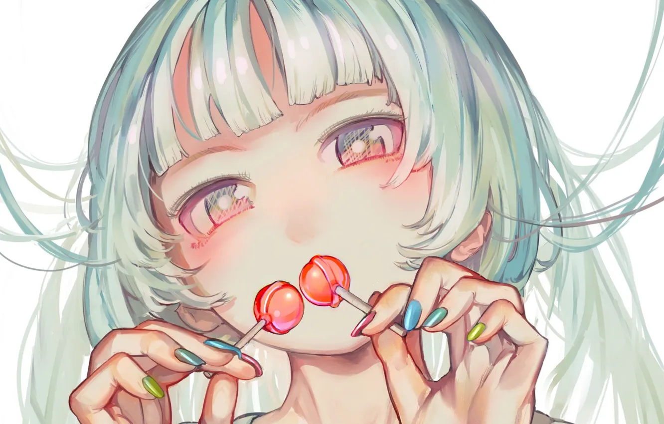 Photo wallpaper face, girl, blue hair, yummy, manicure, bangs, sweet tooth, big eyes