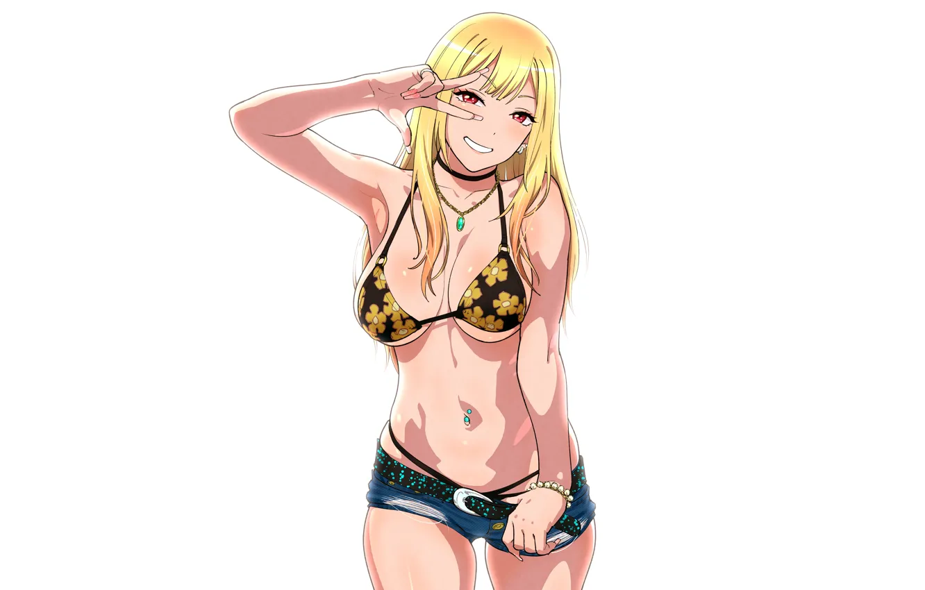 Photo wallpaper girl, sexy, cleavage, shorts, long hair, boobs, anime, beautiful