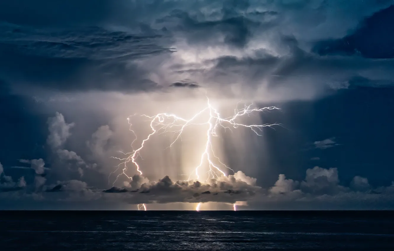 Photo wallpaper sea, the storm, clouds, storm, lightning