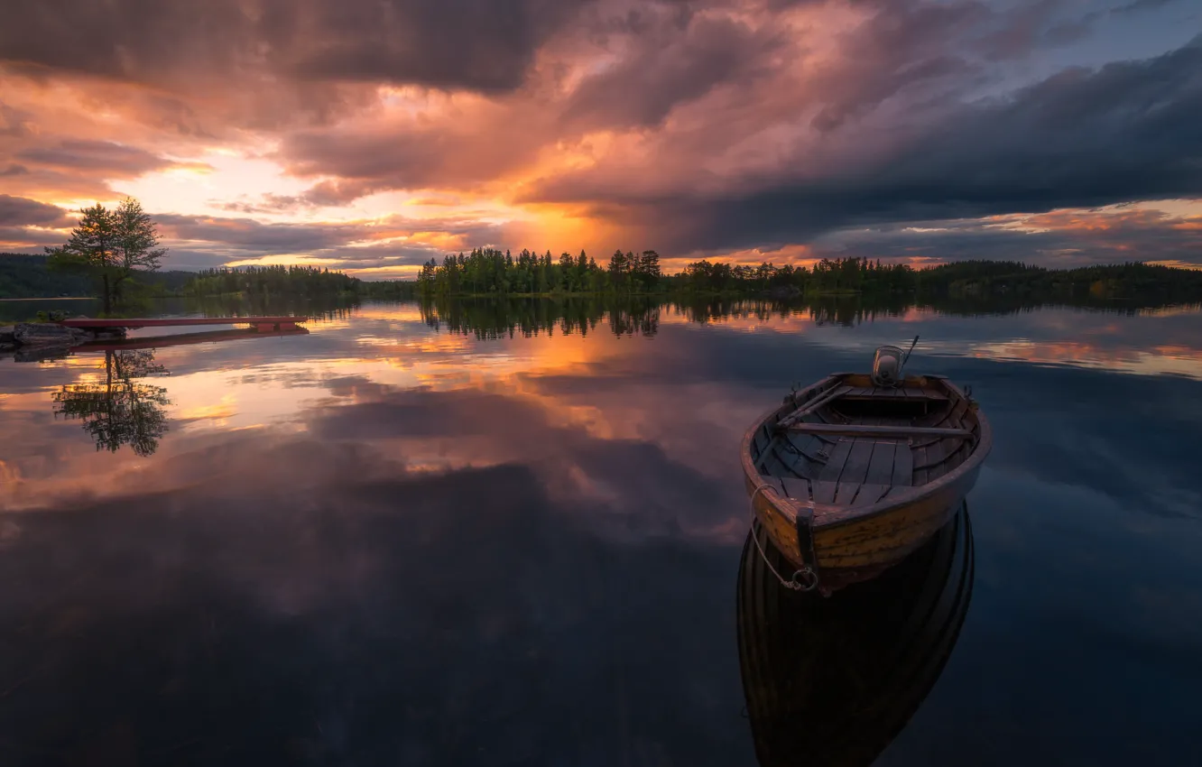 Photo wallpaper sunset, lake, boat