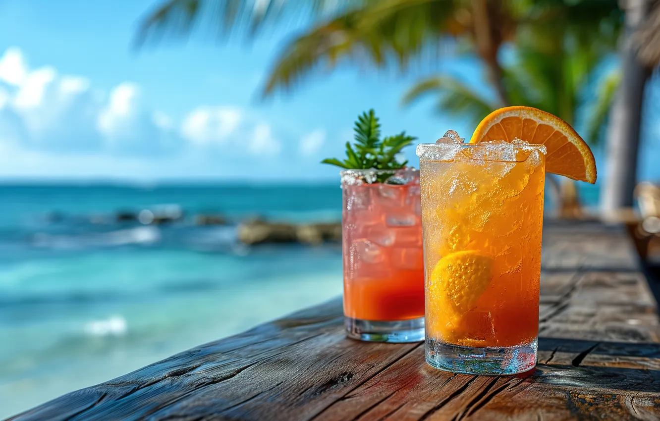 Photo wallpaper sand, sea, wave, beach, summer, the sky, palm trees, shore