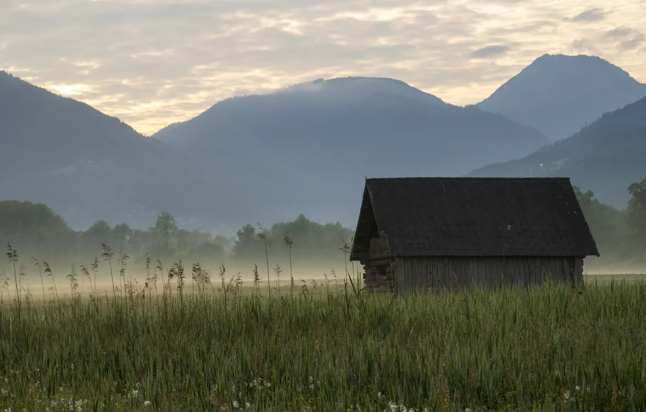 Photo wallpaper field, mountains, fog, haze, house