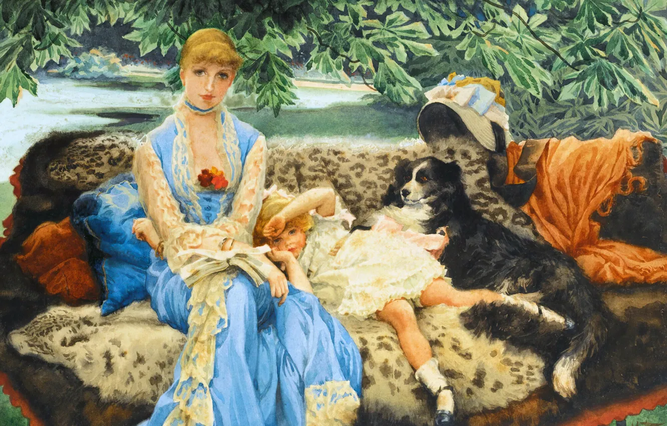 Photo wallpaper girl, children, sofa, silence, dog, picture, girl, French artist