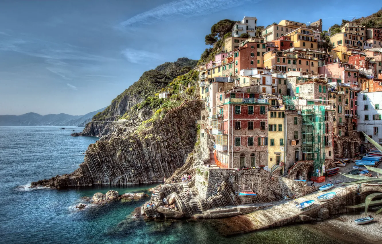 Photo wallpaper sea, landscape, rocks, coast, building, boats, Italy, Italy