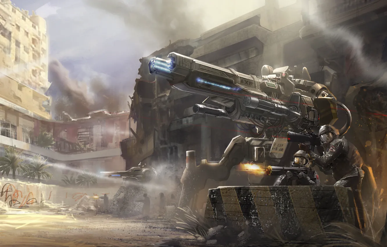 Photo wallpaper weapons, fiction, robot, art, soldiers, attack, shooting, drone