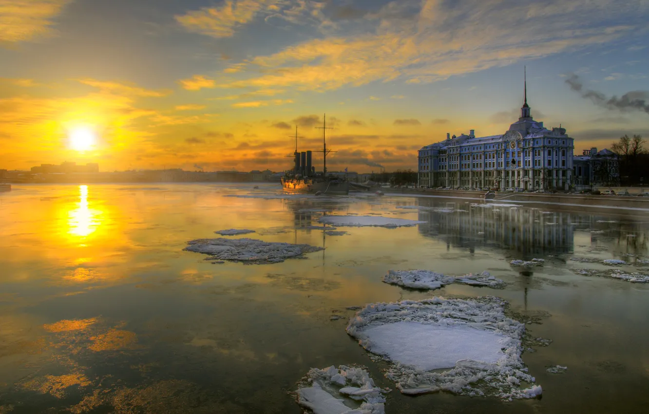 Photo wallpaper winter, Saint Petersburg, Aurora, cruiser
